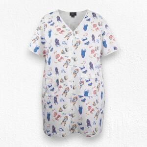 Vintage 80s Novelty Print Housecoat Lounge Dress Cotton Sleep Gown Size Large